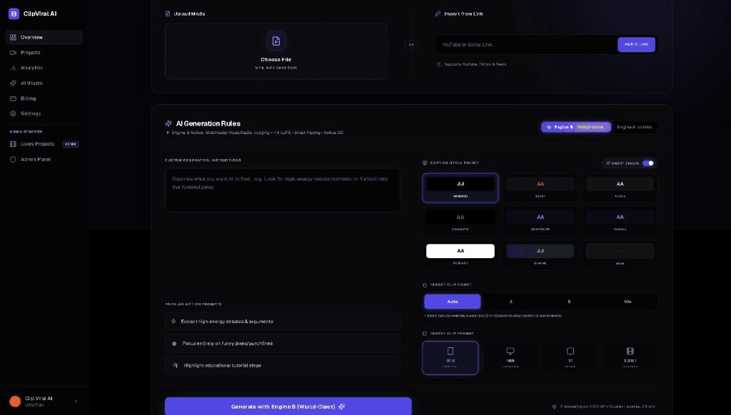 ClipViralAI real dashboard interface showing media ingestion and rules