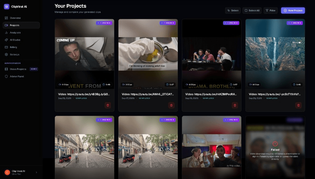 ClipViralAI project library showing completed multi-clip batches